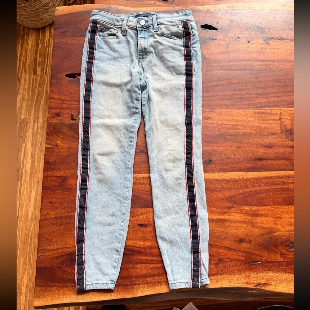 Tommy Hilfiger Blue Jeans with Black and Red Stripes